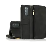 For Samsung Galaxy S20 FE Case, Leather Zipper Purse Flip Cover Case with Card Slot Holder Wrist Strap Lanyard (Black)