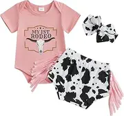 [Gaono] Western Baby Girl Summer Clothes Cow Print Short Sleeve Romper Bloomer Shorts Clothing Set Newborn Cowgirl Outfits