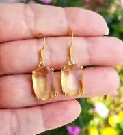14k Gold Australian Crystal Citrine Earrings Emerald Cut Citrine Dangle Earrings