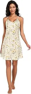 [FRODOTGV] Women Satin Nightgown Sexy V Neck Satin Slip Dress Light Yellow Wildflowers Sleeveless Sleepdress for Women S