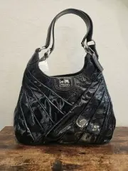 VINTAGE Coach Maggie Madison Black Patent Leather Diagonal Pleated Hobo Bag