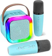 Mini Karaoke Machine Speaker for Kids Adults, Toys for Girls Boys Friends Age 3-12+, Birthday Gifts Portable Bluetooth Speaker with 2 Wireless Mics for 5 6 7 8 9 10 11 Years Teens Girl Boys (Blue)