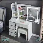 Bedroom Vanity Table Set Dressing Make up Desk Stool w/ LED Sliding Mirror White
