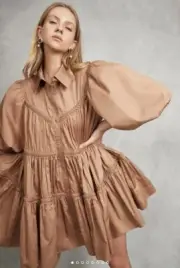 BNWT AJE Dress Casabianca Smock Shirt Mini Size AU 10 / US 6 Puff Walnut Brown
