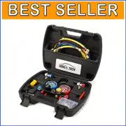 Professional 4-Way A/C Manifold Gauge Set with Adjustable Couplers and Can Tap