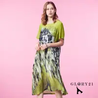 在飛比找momo購物網優惠-【GLORY21】速達-網路獨賣款-拼接圖騰印花飄逸洋裝(綠