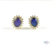 Genuine Australian Gold Opal Stud Earrings 8x6mm Sterling Silver w Cubic Zirons