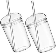 LOPUNER 2pcs Clear Glass Cups with Straw Aesthetic Drinking Glasses for Juice Water and Soda and Convenient with Lid for Go Use for Home Kitchen