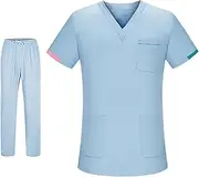 [Frediuo] Uniform Scrub Set Short Sleeve Nurse Top Pants Work Clothing V Neck, Work suits Workwear for Beauty Salon Pet Shop Healthcare