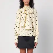 [Patou] Polka dot silk blouse with bow 36 FR Beige
