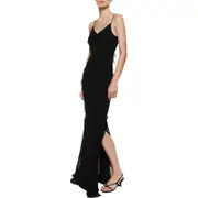 Nevenka Womens Cami Long Dress Backless Mesh Ruffle Trim Split Dress-Black