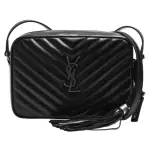 【YSL】MONOGRAM系列車縫V字紋小牛皮復古金屬LOGO銀鍊流蘇拉鍊肩/斜背包(黑520534-DV704-1000)