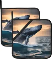 Whale Above Sea Water Potholders BBQ Pot Holders for Heat Resistant Potholder, Hot Pads,Cooking Baking(2-Pack)