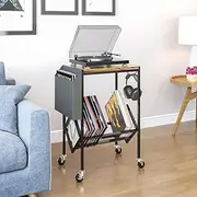 Uandhome Vinyl Record Storage,Record Player Stand,2 Tier Record Players Stand with Storage Up 200 Albums,Turntable Stand with 4 Wheel Matte Black Metal Leg,Record Player Table for Living Room & Office