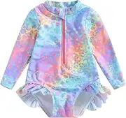 [Geagodelia] Toddler Baby Girl Swimming Costume Long Sleeve Zip Up Ruffle Mermaid Swimsuit Fish Scale Pattern Sun Protection Rash Guard Swimwear One Piece Bathing Suits Summer Beachwear