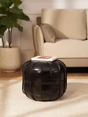BBH HOMES HANDMADE ECO-FRIENDLY ROUND SHAPED STUFFED BUFFALO LEATHER BLACK POUF