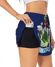 [GaxfjRu] Maine State Flag Print Women's Running Shorts High Waisted Running Shorts Pocket Sporty Gym Elastic Short