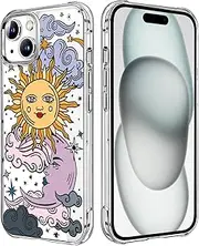Sun Moon Design Clear Case Compatible with iPhone 15 6.1 Inches 2023, Star Cloud Girls and Women Back Case Cover, Cute Cartoons Transparent Flexible TPU Bumper Shockproof Protective Case