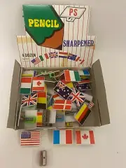 Vintage Store Display of 48 Novelty World Flags Pencil Sharpeners 1960s