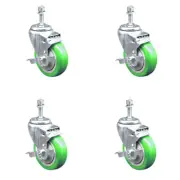 4 Inch SS Green Poly Wheel Swivel 3/8 Inch Threaded Stem Caster Set Brake