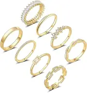 [ZOERAY] Gold Rings for Women Non Tarnish 14K Gold/Silver Stackable Rings Set Dainty Cubic Zirconia Diamond Thumb Rings Wedding Eternity Band Trendy Simple Baguette Ring Size 5 6 7 8 9 10