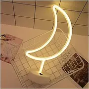 [ENUOLI] LED Moon Neon Light Signs Room Decor LED Neon Lights with Pedestal Warm White Night Lights Battery/USB Powered Indoor Lighting Bedside and Table Lamps Home Decoration