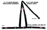 FLOOR MOUNT THREE POINT HARNESS BOLT IN PULL DOWN LAP BELTS BLACK