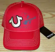MENS TRUE RELIGION BUDDHA HORSESHOE RED SNAPBACK TRUCKER HAT ADJUSTABLE CAP