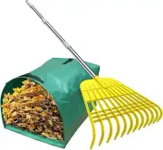 14 Tines Steel Handle Garden Leaf Rake Detachable Lightweight Comes with Dustpan
