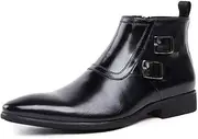 [Generic] Pointed Toe Monk Strap Work Boot for Men High Top Boot Pull On StyleGenuine Leather Zipper Business Block Heel Men's Leather Shoes