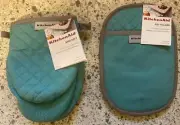 Pair KitchenAid Silicone Mini Mitts & Pair KitchenAid Silicone Potholders - Aqua