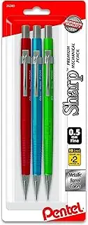 Pentel Sharp Mechanical Pencil, (0.5mm), Metallic Barrels, Assorted Colors (B/C/D), 3-Pk (P205MBP3M1)