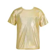 Kids Girls Sparkly Metallic Shiny T-Shirt Boys Short Sleeves Loose T-Shirt for Jazz Hip Hop Dance Costume Stage Performance Gold 110