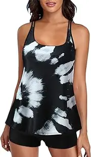 [Generic] Women S Swimsuits with Shorts Plus Size Tie Dye Print Black Double Straps Top Swimsuits for Women Two Piece Bathing Suits Long Torso Tank Tops with Swimming Suit for Women Two Pieces Plus Size