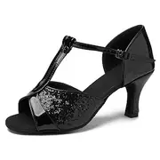 Women's Black Glitter T-Strap Dance Shoes with Soft Suede Sole – Comfortable Mid-Heel Open-Toe Ballroom Shoes for Latin Salsa