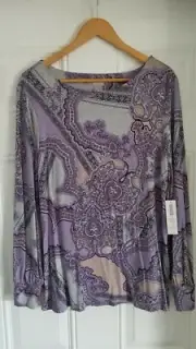 Women's Chico's Rayon Spandex Lilac Patchwork Stretchy Balloon Slv Knit Top 2- L