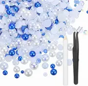 uxcell 100g Flatback Rhinestones, 3mm-10mm Mixed Rhinestones and Half Pearls with Pick Up Pen and Tweezer for Nail Art Crafts, Phone Case, Clothes DIY (Bright Blue/White)