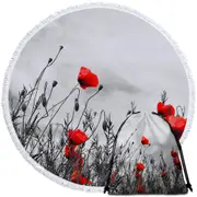 Red Poppies over Black and White Round Beach Towel