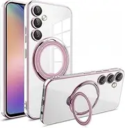 [BOqarI] Electroplated Clear Magnetic Case with Hidden Finger Ring Holder for Samsung Galaxy A54 A34 A24 A14 A04S A23 A53 A13 A12 A52 A32 A52S A15 A05 A05S 4G 5G Phone Case (Pink,A52 5G)