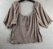 Sanctuary Remember Me Gingham Top Women's XL Chocolate Multi Short Puff Sleeve~
