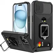 rojarou for iPhone 15 Plus Case with [Card Holder] [Slide Camera Cover] and [360° Rotate Ring Kickstand] Heavy Duty Protective Phone Cover Case for Apple iPhone 15 Plus -Black