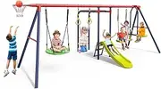 OLAKIDS 660lbs Swing Set, Outdoor A-Frame Heavy Duty Metal Swing Stand with Monkey Bar for Kids, Backyard Playground Activity Playset with Slide, 2 Swings, Glider, Trapeze Rings, Basketball Hoop