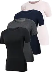 [Sanke] 4 Pack Short Sleeve Compression Shirt Women Workout Athletic Baselayer Yoga Softball T-Shirts Cool Running Tops