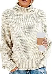 [Dawwoti] Women's Knitting Pullover Turtleneck Chunky Sweater Solid Color Cozy Causal Knitting Jumper Tops