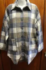 AMOLI Blue Ivory Brown Plaid Shacket Jacket Shirtail Hem Pockets XL NWT