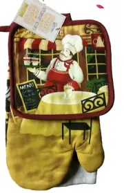 3pc Kitchen Set: 1 Oven Mitt,1 Towel & 1 Potholder, FAT CHEF w/ 2 COFFEE CUPS,CV