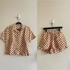 NWT Holiday by Emma Mulholland Check Short Set Linen in Camel Womens Size Small