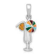 Sterling Silver De-Ani Rhodium-Plated Polished Enameled Tropical Drink Pendant