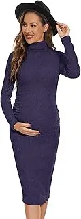 [Yeshape] Turtleneck Ribbed Maternity Dress/Ruched Knit Sweater Bodycon Pregnancy Dress Casual Wear Baby Shower