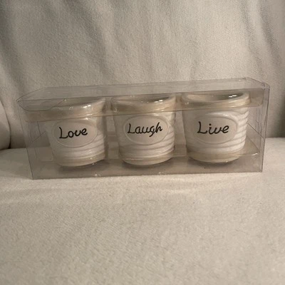 Yankee Candle Live Laugh Love Votive Candle Holders White Tan Black Set 3